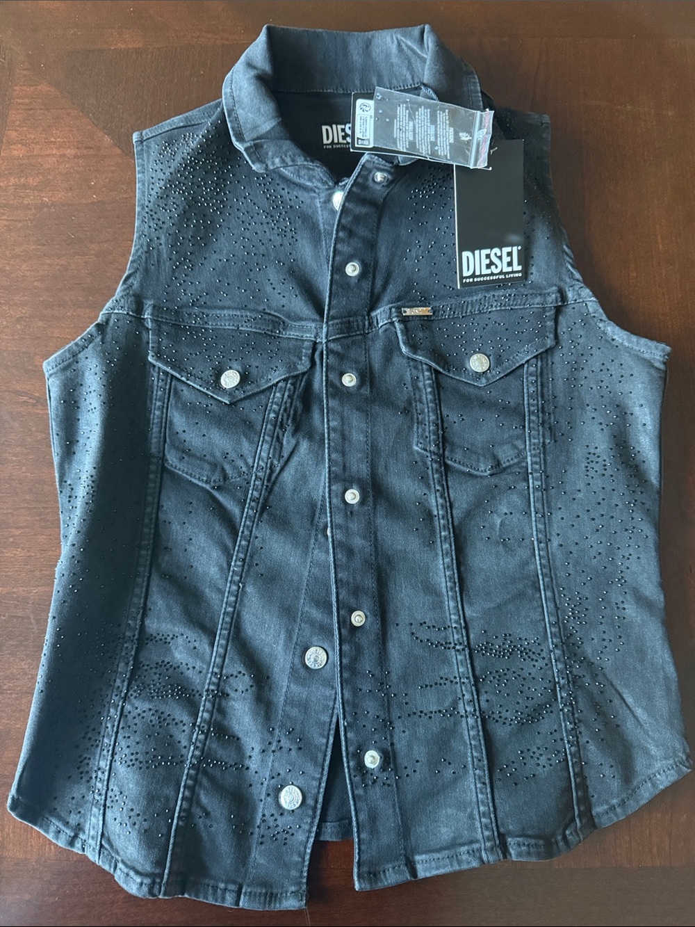Diesel black distressed rhinestone Jean vest NWT size medium